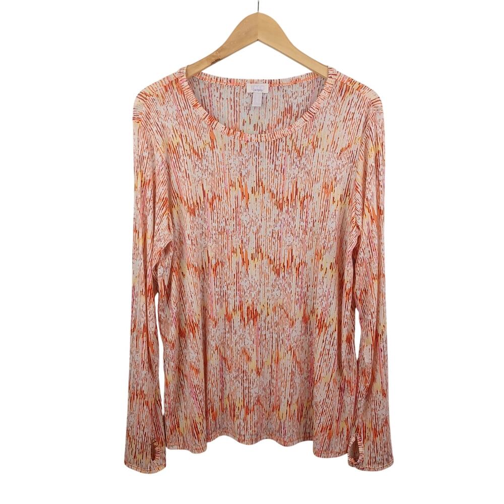 LOGO Layers Lori Goldstein Women Mesh Printed Top Large Orange Thumbhole Artsy